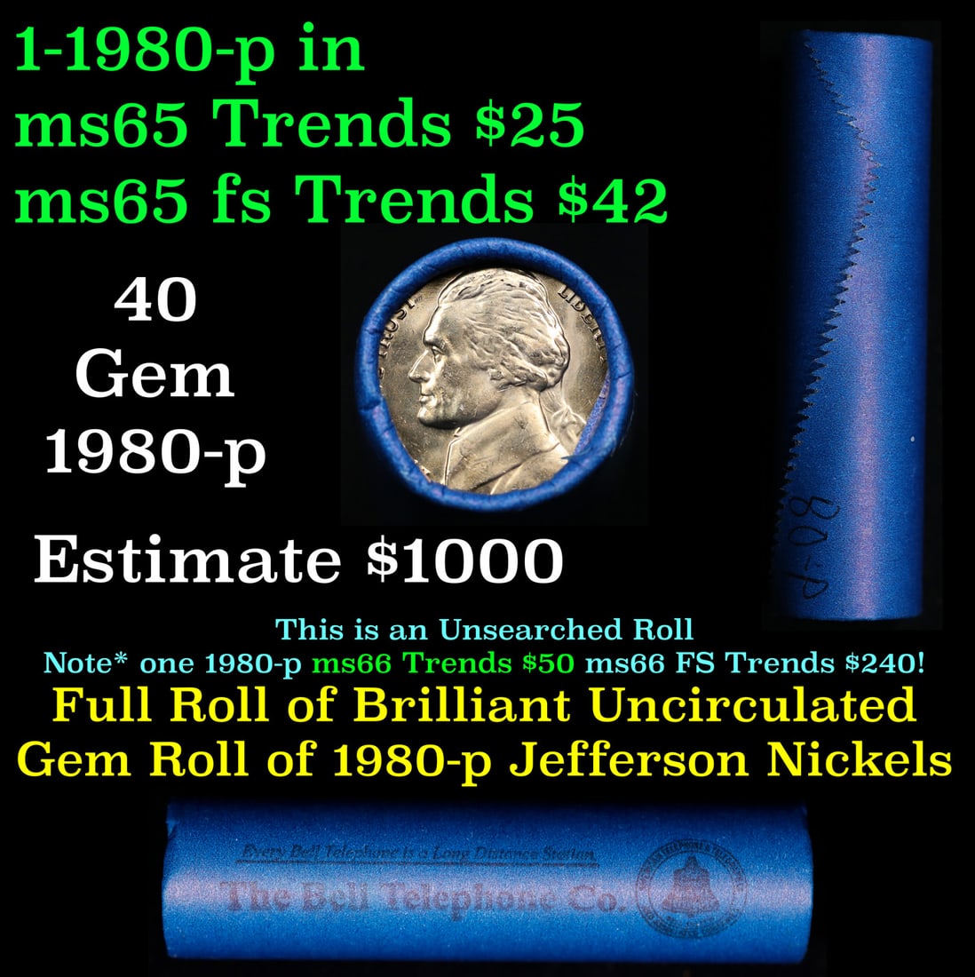 BU Shotgun Jefferson 5c roll, 1980-p 40 pcs Bank $2 Nickel Wrapper: BU Shotgun Jefferson 5c roll, 1980-p 40 pcs Bank $2 Nickel Wrapper.