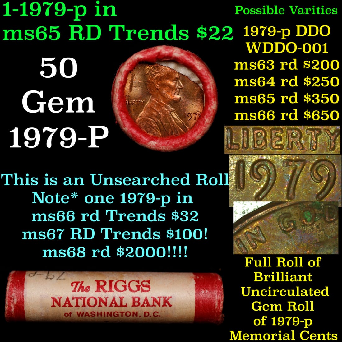 BU Shotgun Lincoln 1c roll, 1979-p 50 pcs Bank Wrapper 50c: BU Shotgun Lincoln 1c roll, 1979-p 50 pcs Bank Wrapper 50c. A terrific Shotgun roll of Lincoln cents in a Bank wrapper. Most if not all coins should be cherry red.