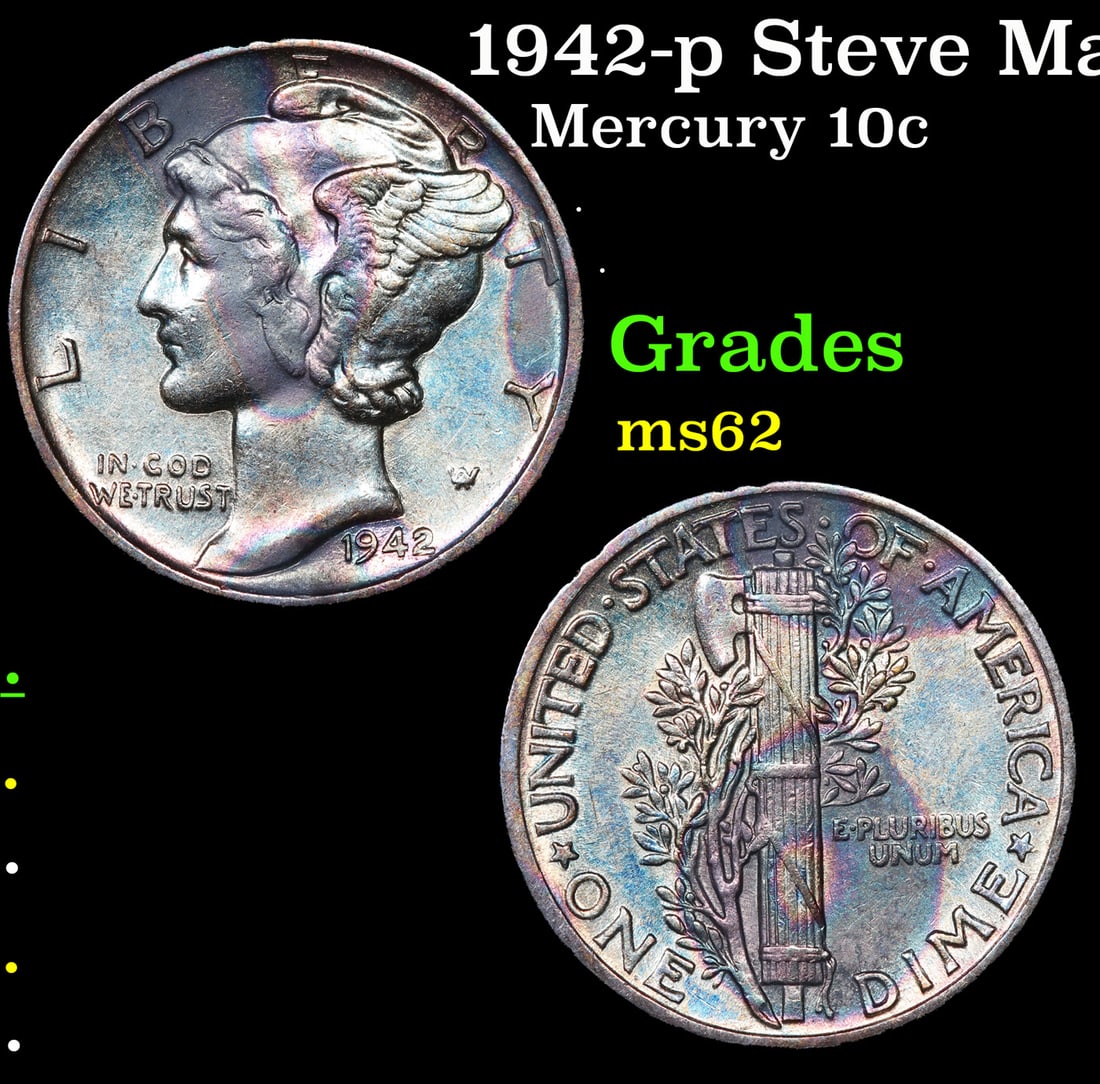1942-p Mercury Dime Steve Martin Collection Rainbow Toned 10c Grades Select Unc: 1942-p Steve Martin Collection Rainbow Toned Mercury Dime 10c Grades Select Unc.