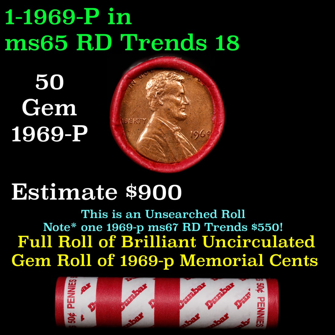 BU Shotgun Lincoln 1c roll, 1969-p 50 pcs Bank Wrapper 50c (1 of 2)