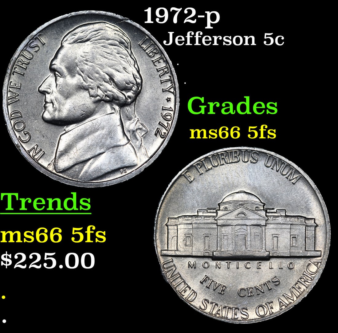 1972-p Jefferson Nickel 5c Grades GEM+ 5fs (1 of 3)