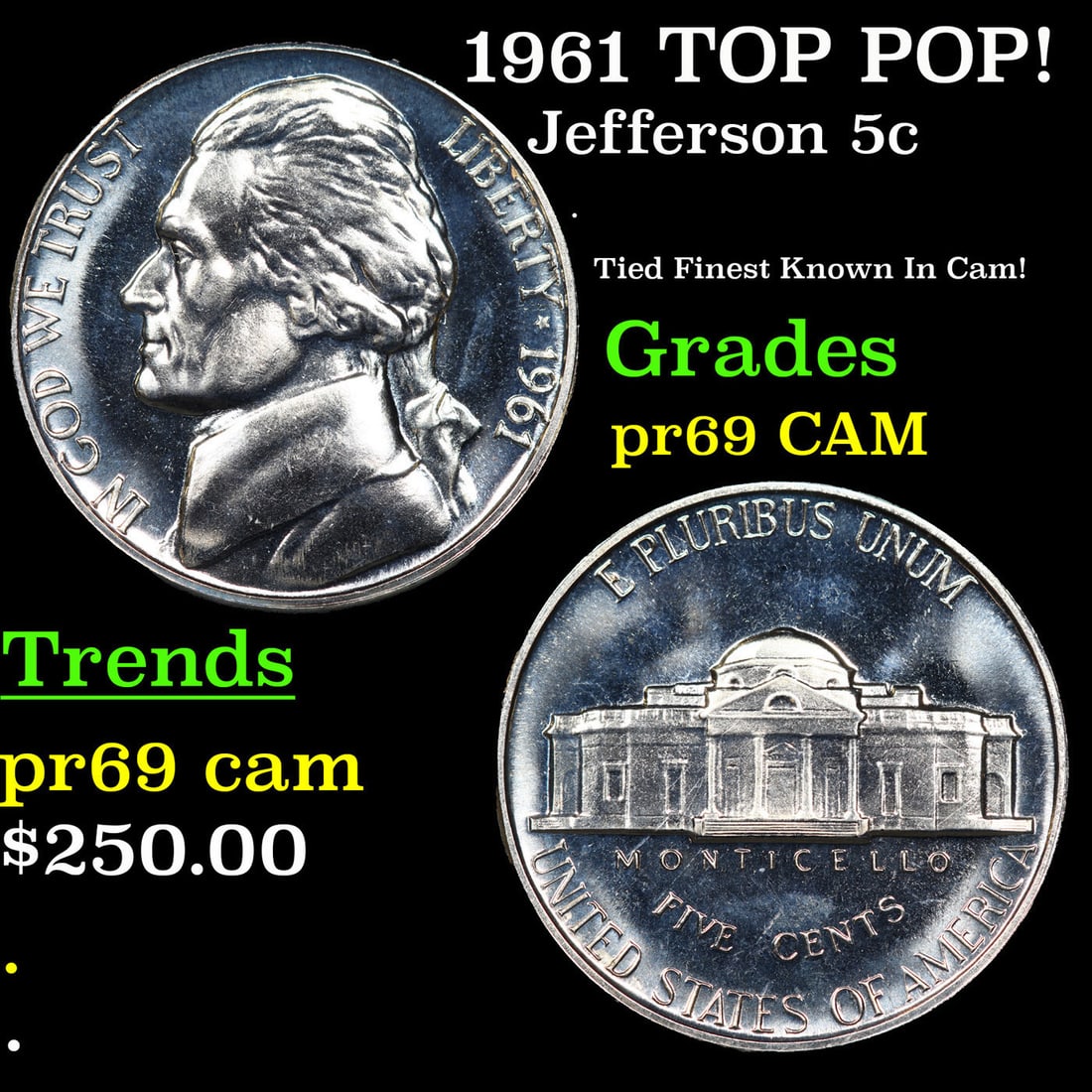 Proof 1961 Jefferson Nickel TOP POP! 5c Graded pr69 CAM BY SEGS (1 of 3)