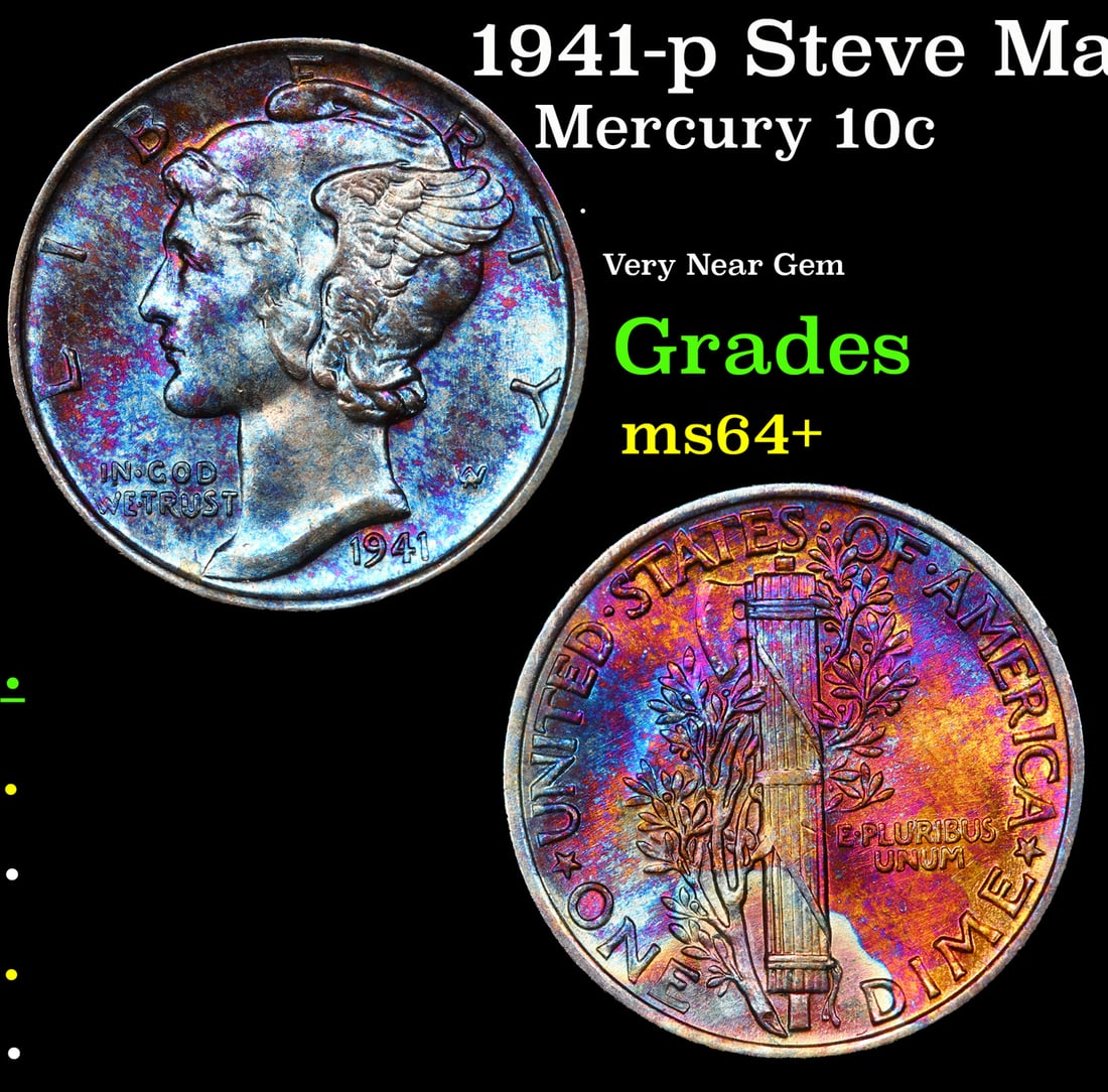 1941-p Mercury Dime Steve Martin Collection Rainbow Toned 10c Grades Choice+ Unc (1 of 3)