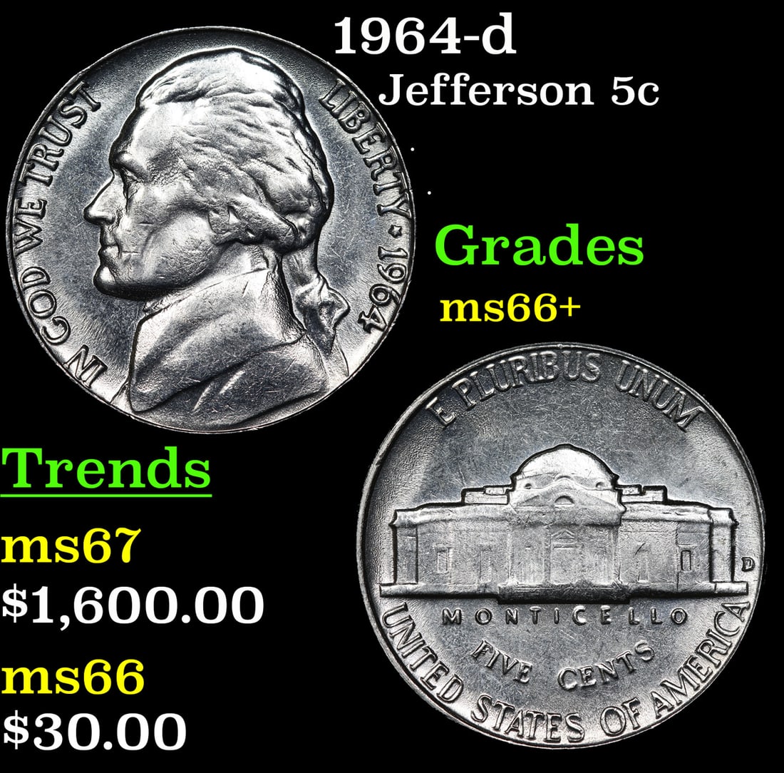 1964-d Jefferson Nickel 5c Grades GEM++ Unc: 1964-d Jefferson Nickel 5c Grades GEM++ Unc.