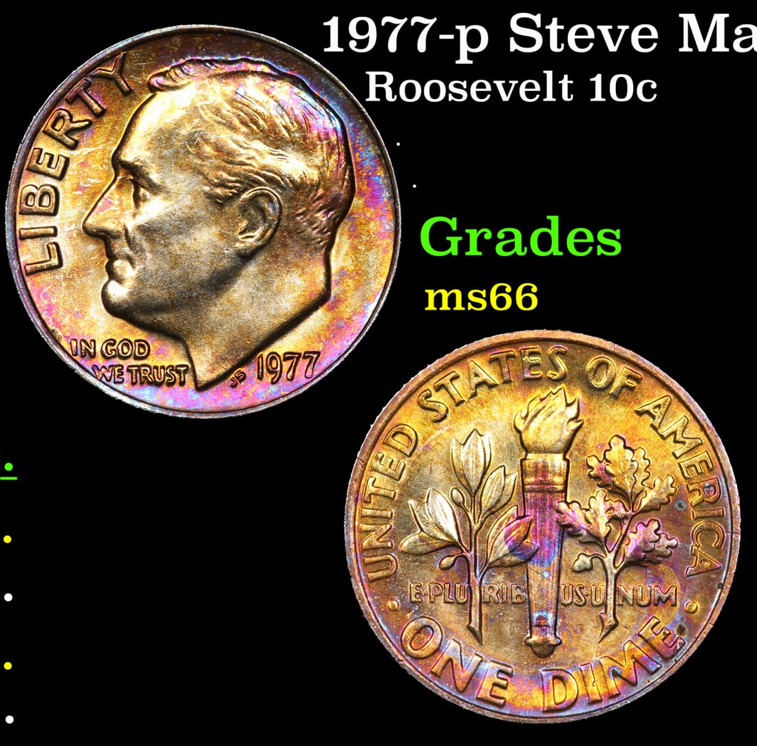 1977-p Roosevelt Dime Steve Martin Collection Rainbow Toned 10c Grades GEM+ Unc (1 of 3)