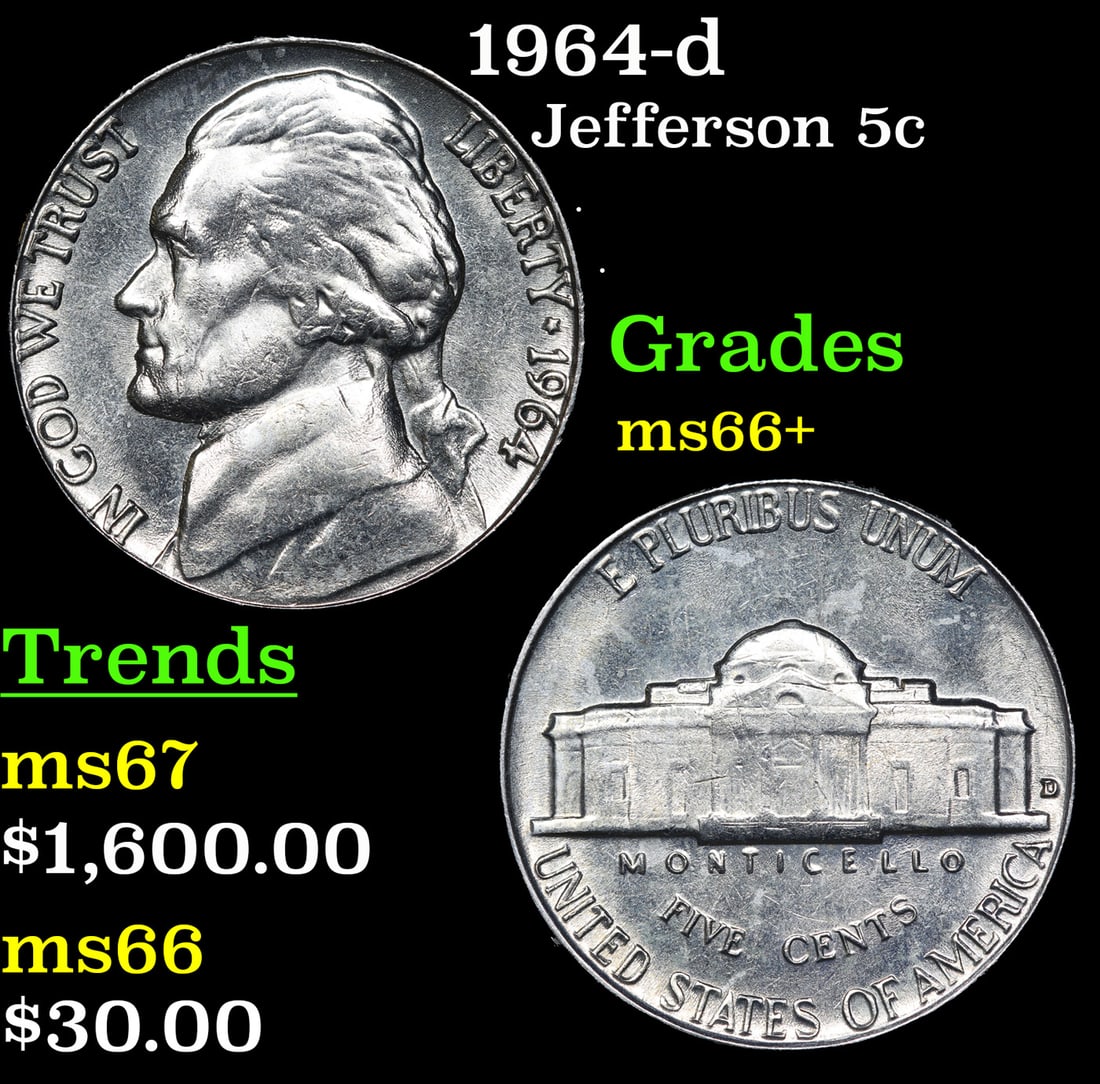 1964-d Jefferson Nickel 5c Grades GEM++ Unc: 1964-d Jefferson Nickel 5c Grades GEM++ Unc.
