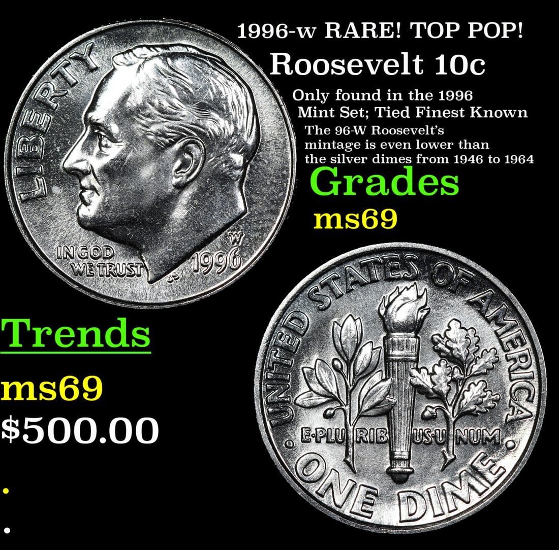 1996-w Roosevelt Dime RARE! TOP POP! 10c Grades ms69 BY SEGS (1 of 3)