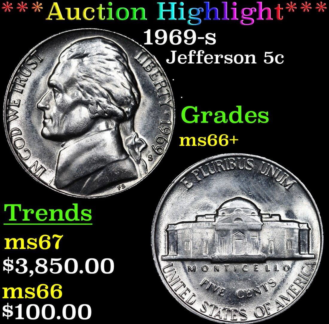 ***Auction Highlight*** 1969-s Jefferson Nickel 5c Graded ms66+ BY SEGS (fc) (1 of 3)