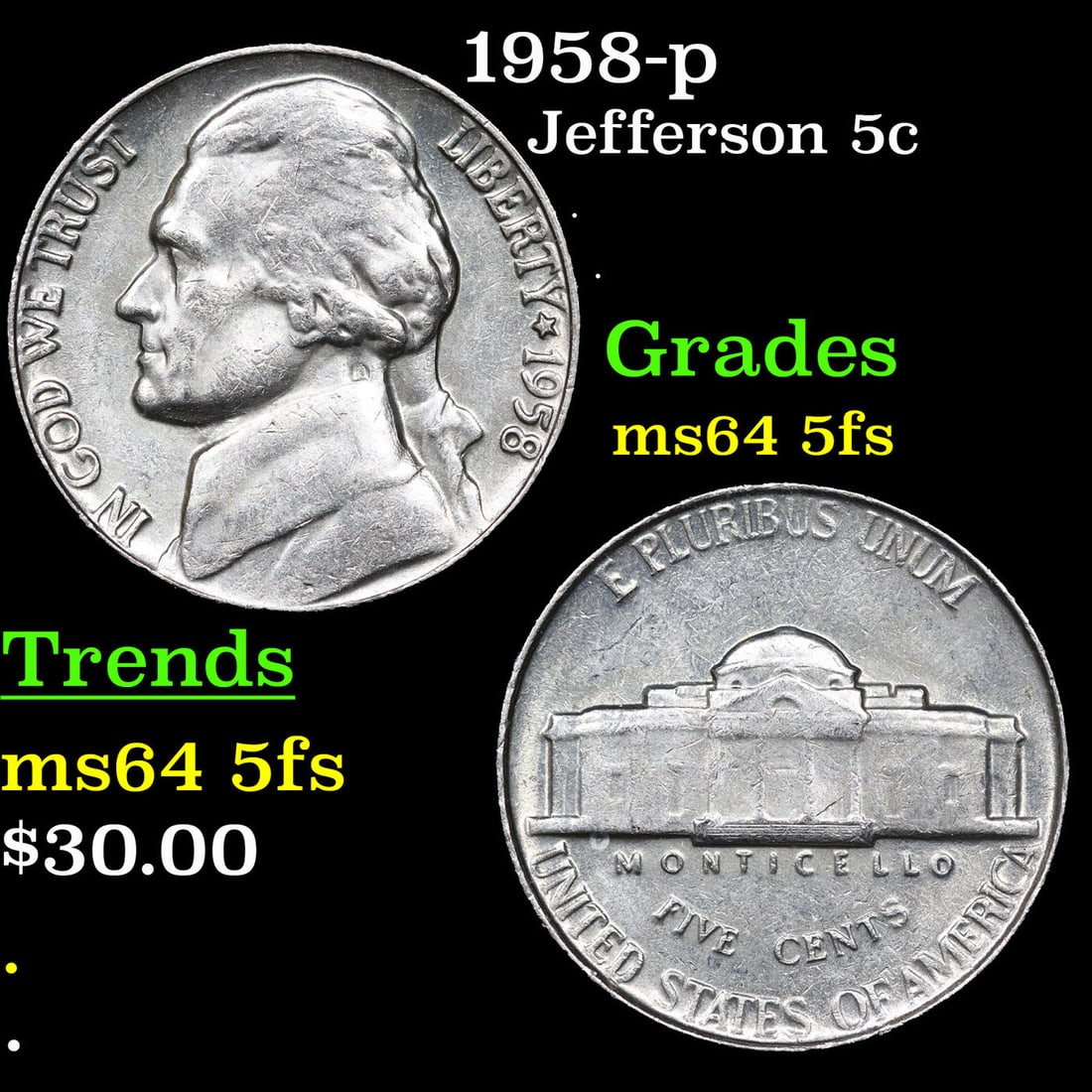 1958-p Jefferson Nickel 5c Grades Choice Unc 5fs (1 of 3)