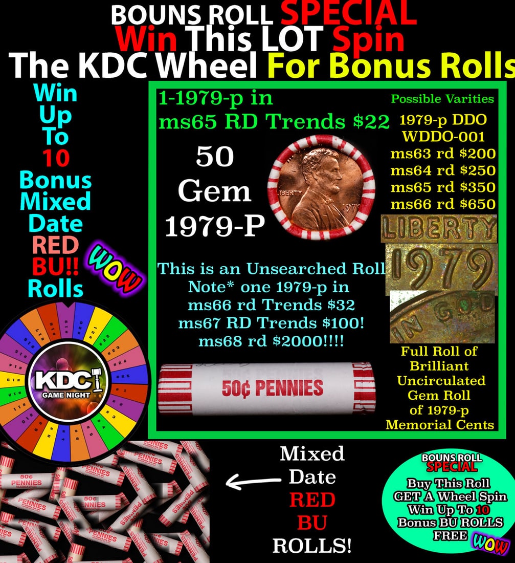 INSANITY The CRAZY Penny Wheel 1000s won so far, WIN this 1979-p BU RED roll get 1-10 FREE: INSANITY The CRAZY Penny Wheel 1000s won so far, WIN this 1979-p BU RED roll get 1-10 FREE. A terrific Shotgun roll of Lincoln cents in a Bank wrapper. Most if not all coins should be cherry red. NOTE