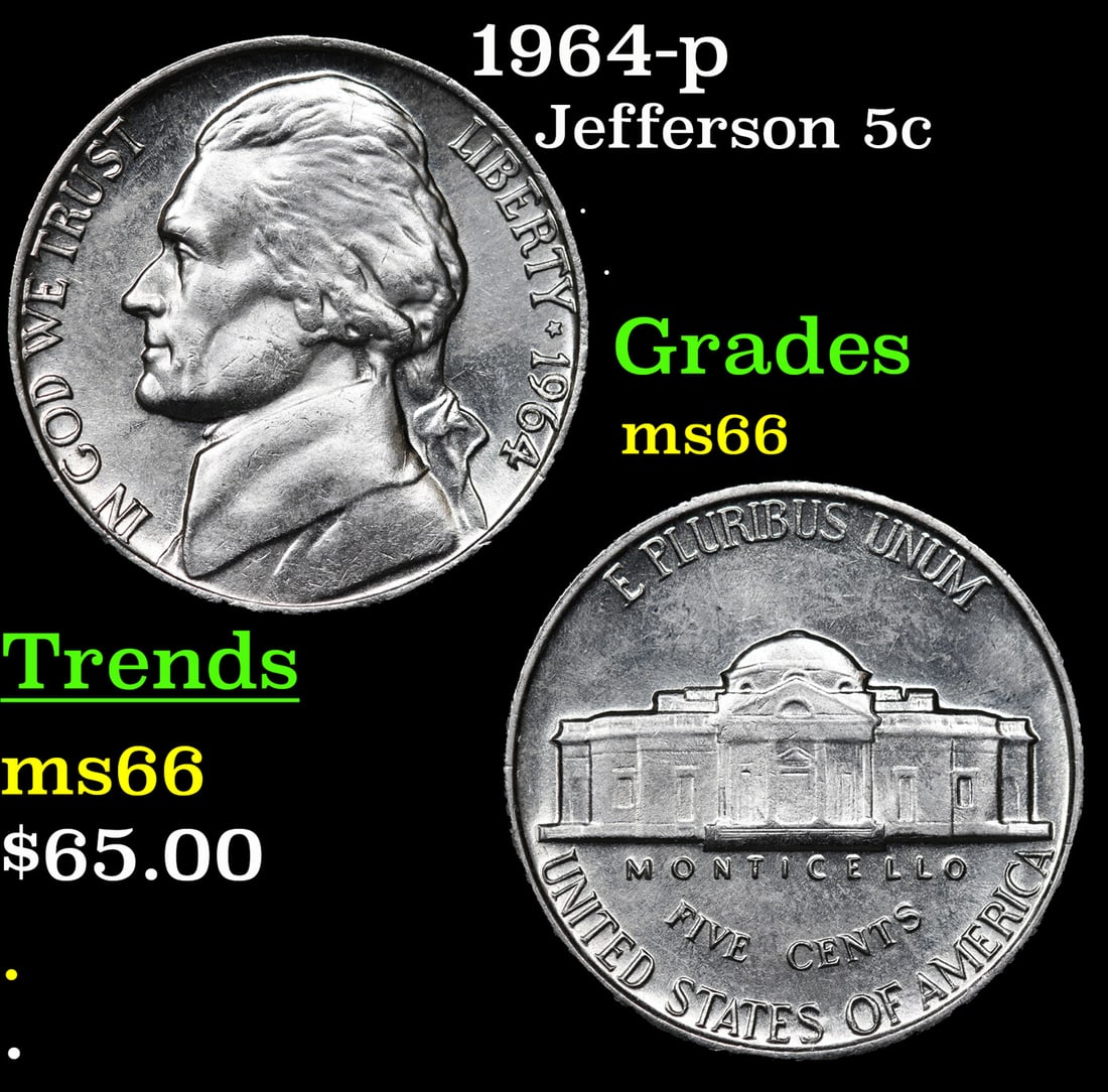 1964-p Jefferson Nickel 5c Grades GEM+ Unc: 1964-p Jefferson Nickel 5c Grades GEM+ Unc.