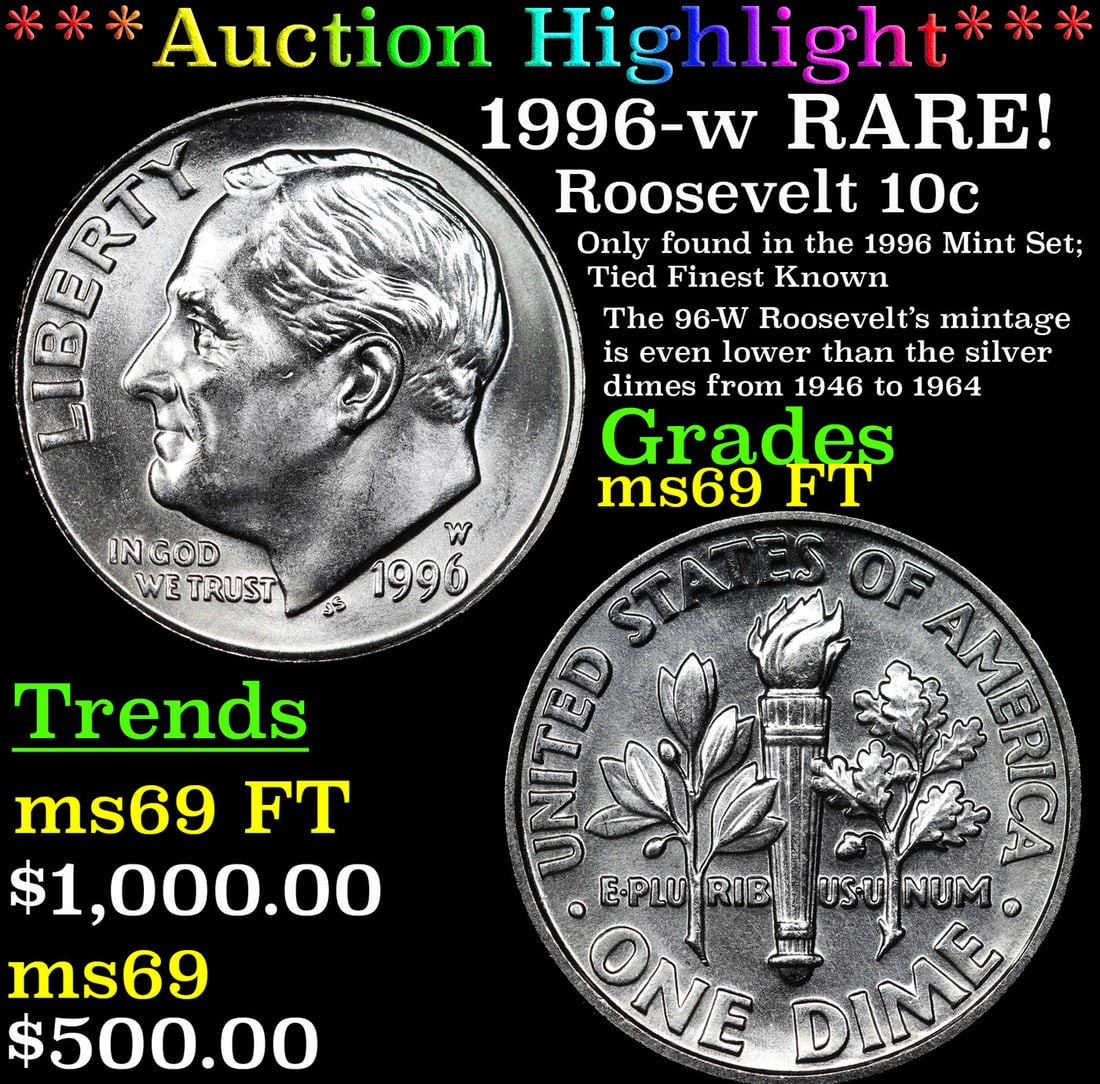 ***Auction Highlight*** 1996-w Roosevelt Dime RARE!  Top Pop! 10c Graded ms69 FT By USCG (fc) (1 of 3)
