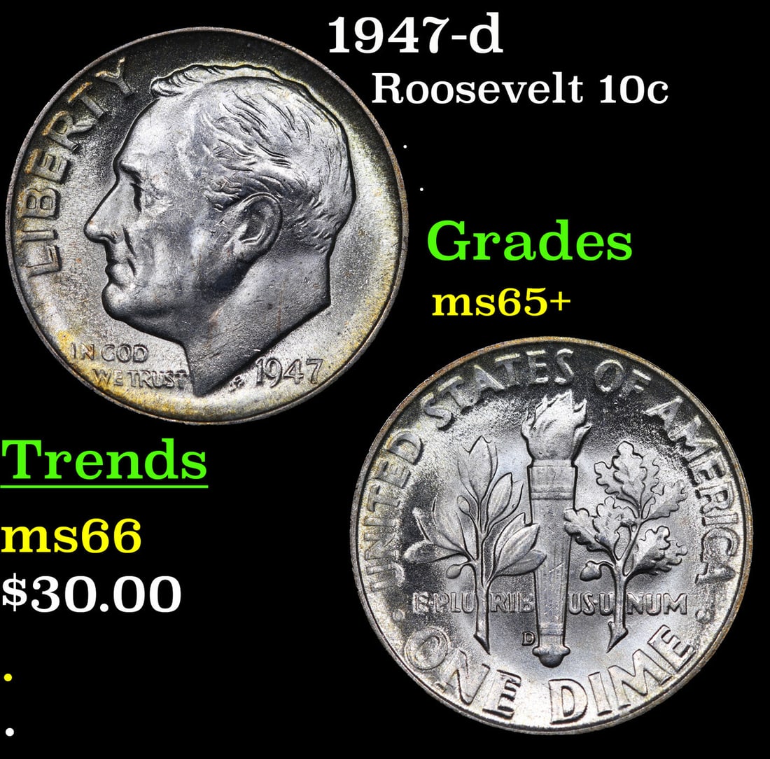 1947-d Roosevelt Dime 10c Grades GEM+ Unc (1 of 3)