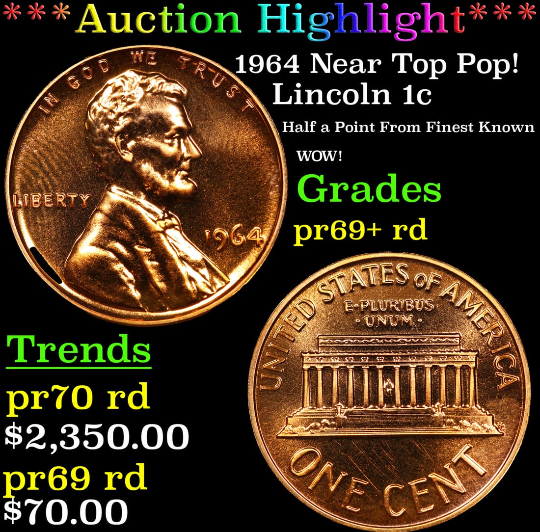 Proof ***Auction Highlight*** 1964 Lincoln Cent Near Top Pop! 1c Graded pr69+ rd BY SEGS (fc) (1 of 3)