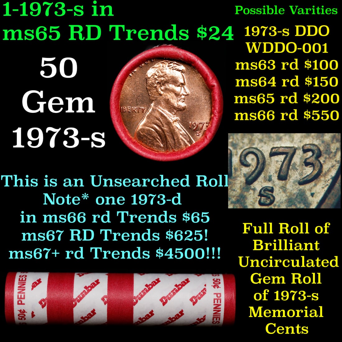 BU Shotgun Lincoln 1c roll, 1973-s 50 pcs Bank Wrapper 50c: BU Shotgun Lincoln 1c roll, 1973-s 50 pcs Bank Wrapper 50c. A terrific Shotgun roll of Lincoln cents in a Bank wrapper. Most if not all coins should be cherry red.