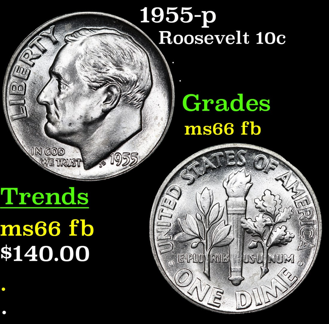 1955-p Roosevelt Dime 10c Grades Gem++ Full Bands (1 of 3)