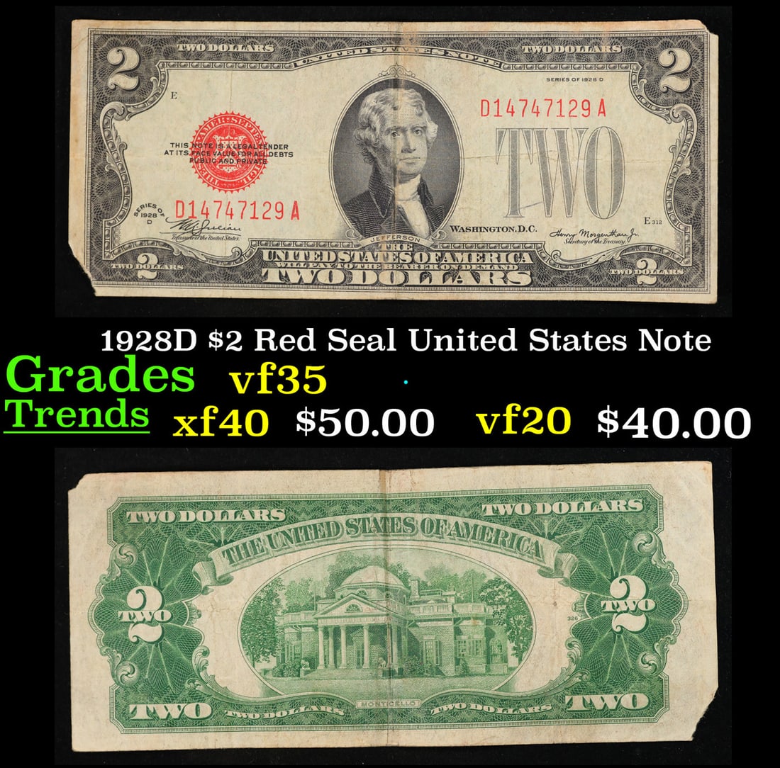 1928D $2 Red Seal United States Note Grades vf++ (1 of 3)