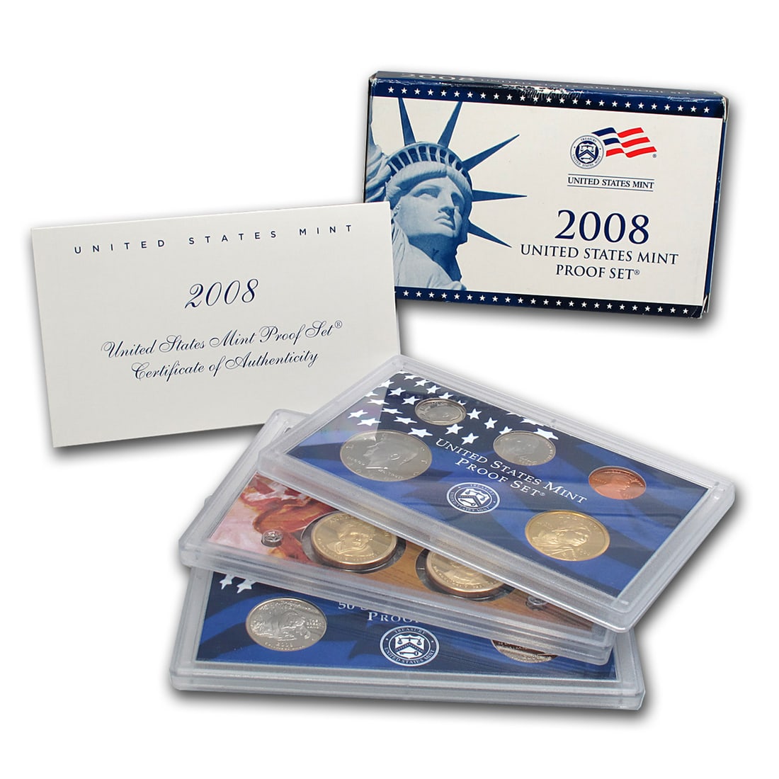 2008 Mint Proof Set In Original Case! 14 Coins Inside!: 2008 Mint Proof Set In Original Case! 14 Coins Inside!. The 2008 Proof Set contained a total of fourteen coins. Each 2008 Proof Set contains the five State Quarters featuring Oklahoma, New Mexico, Ari