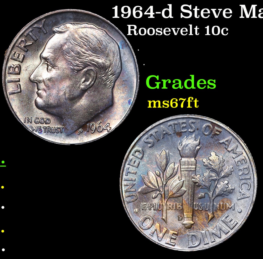 1964-d Roosevelt Dime Steve Martin Collection Rainbow Toned 10c Grades GEM++ FT: 1964-d Steve Martin Collection Rainbow Toned Roosevelt Dime 10c Grades GEM++ FT.