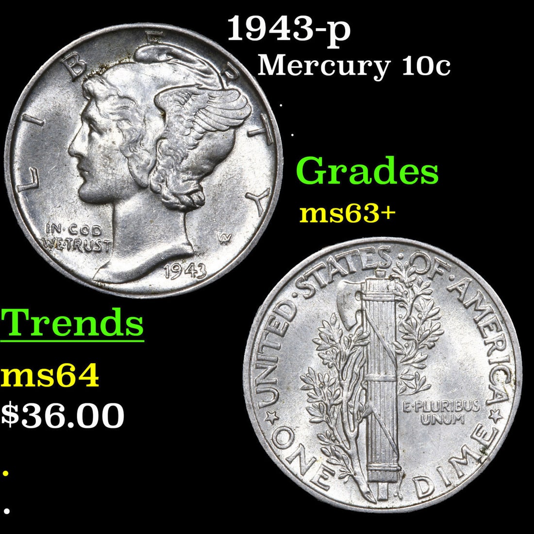1943-p Mercury Dime 10c Grades Select+ Unc (1 of 3)