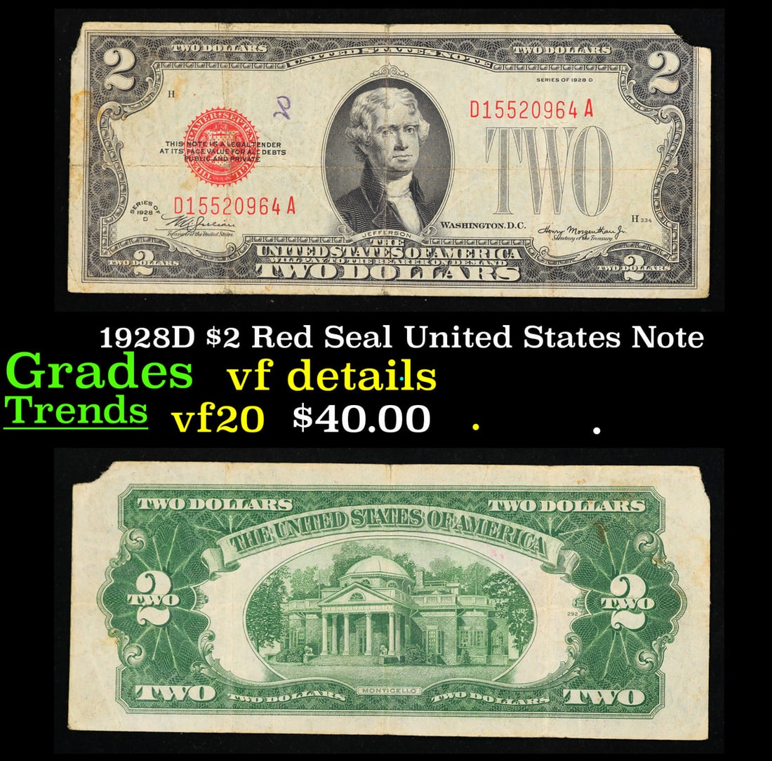 1928D $2 Red Seal United States Note Grades vf details (1 of 3)