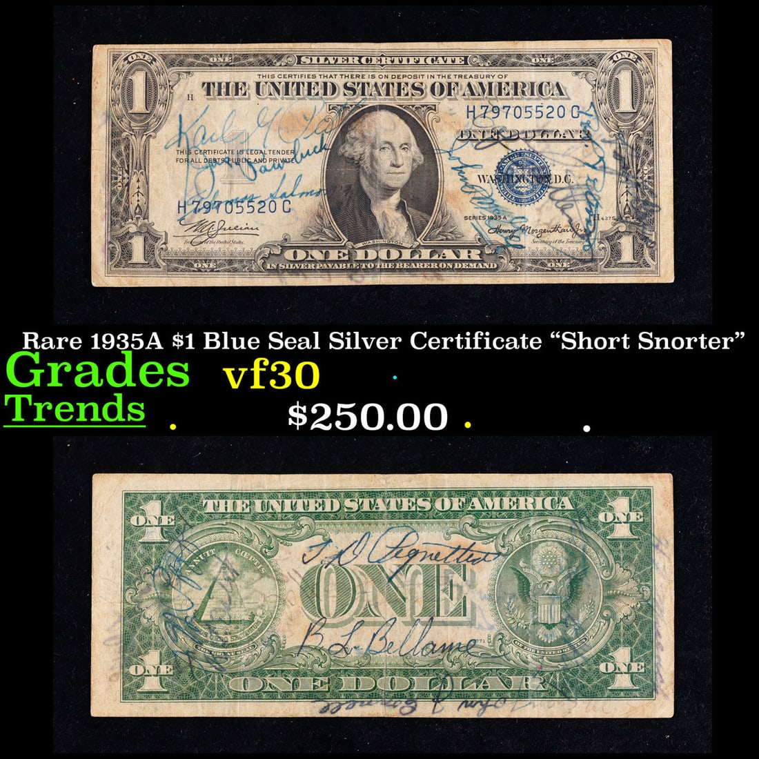 Rare 1935A $1 Blue Seal Silver Certificate "Short Snorter" Grades xvf+ (1 of 3)