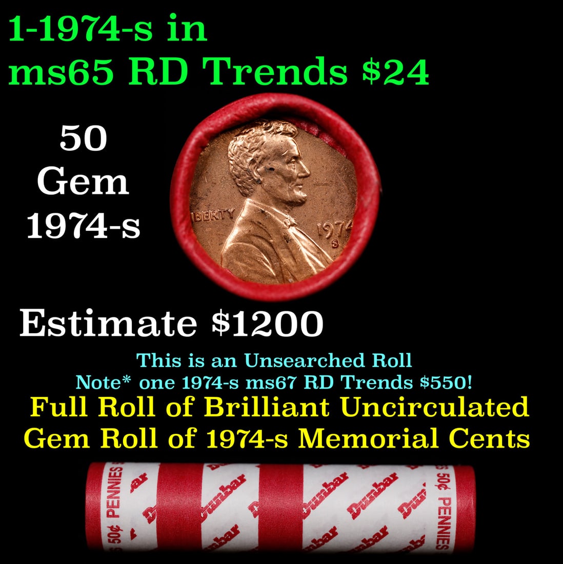 BU Shotgun Lincoln 1c roll, 1974-s 50 pcs Dunbar Wrapper 50c: BU Shotgun Lincoln 1c roll, 1974-s 50 pcs Dunbar Wrapper 50c. A terrific Shotgun roll of Lincoln cents in a Dunbar wrapper. Most if not all coins should be cherry red.