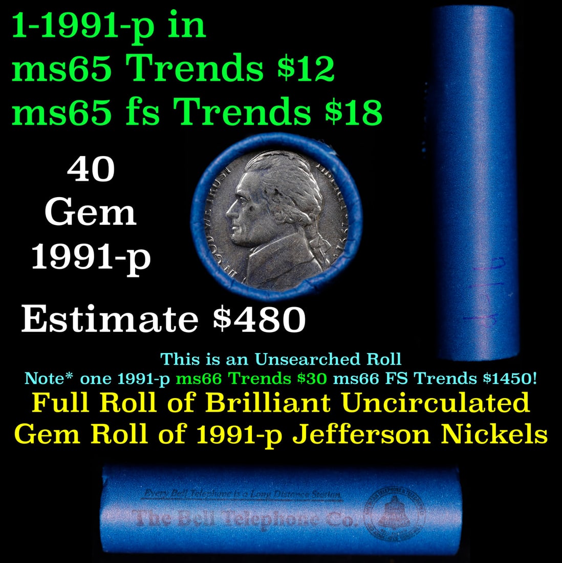 BU Shotgun Jefferson 5c roll, 1991-p 40 pcs Bank $2 Nickel Wrapper: BU Shotgun Jefferson 5c roll, 1991-p 40 pcs Bank $2 Nickel Wrapper.