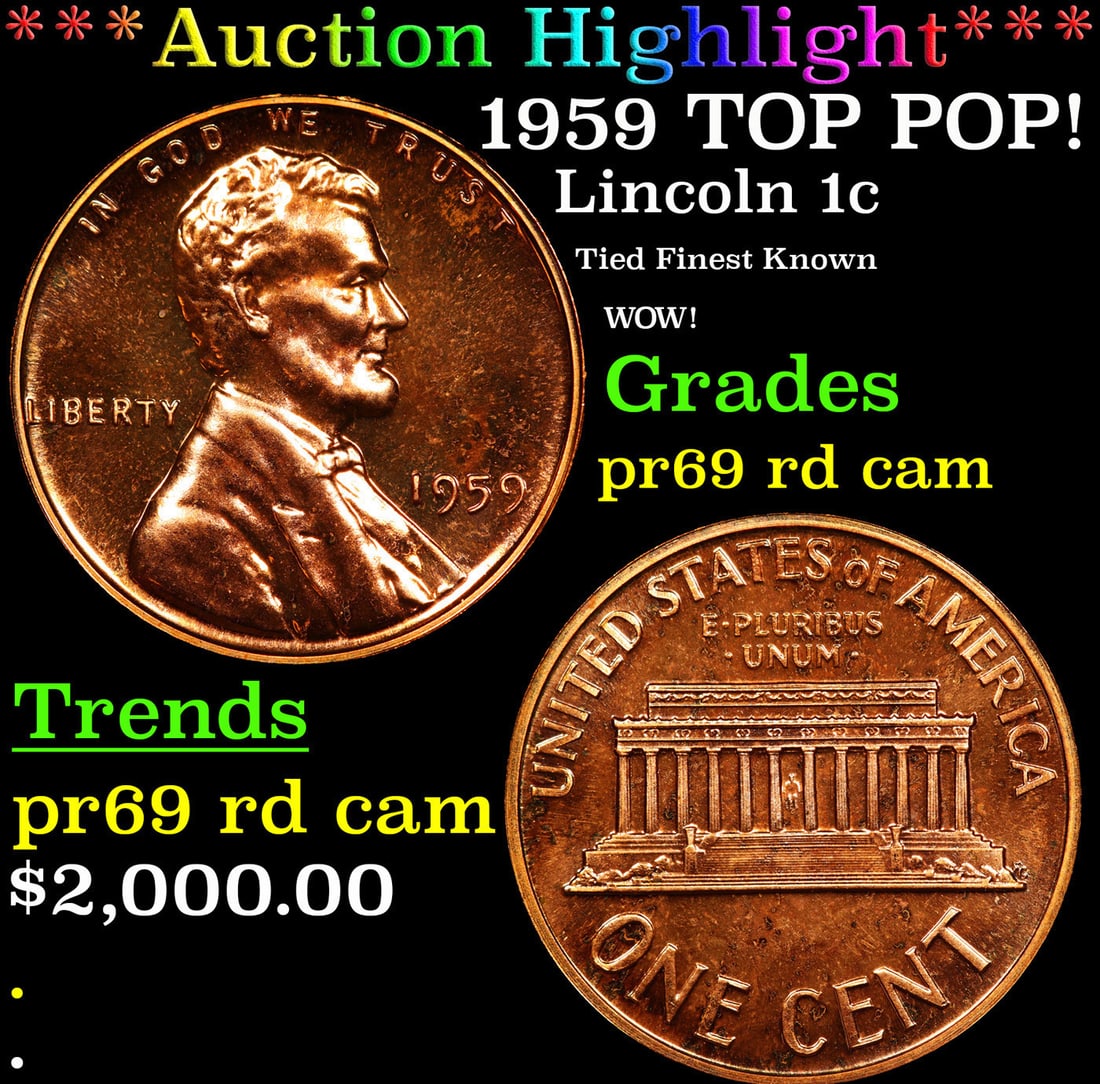 ***Auction Highlight*** 1959 Proof Lincoln Cent TOP POP! 1c Graded pr69 rd cam BY SEGS (fc) (1 of 3)