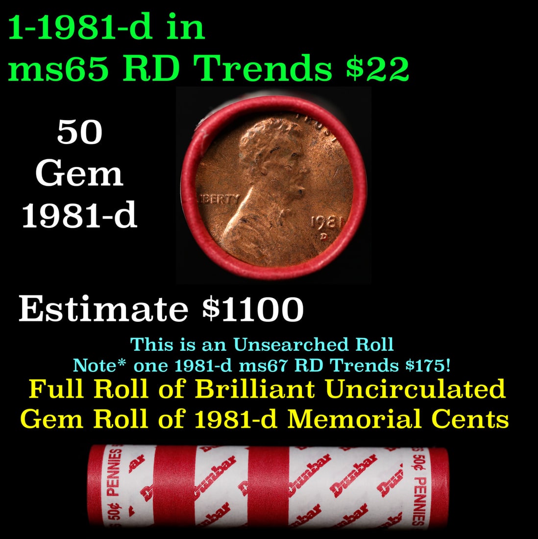 BU Shotgun Lincoln 1c roll, 1981-d 50 pcs Dunbar Wrapper 50c: BU Shotgun Lincoln 1c roll, 1981-d 50 pcs Dunbar Wrapper 50c. A terrific Shotgun roll of Lincoln cents in a Dunbar wrapper. Most if not all coins should be cherry red.