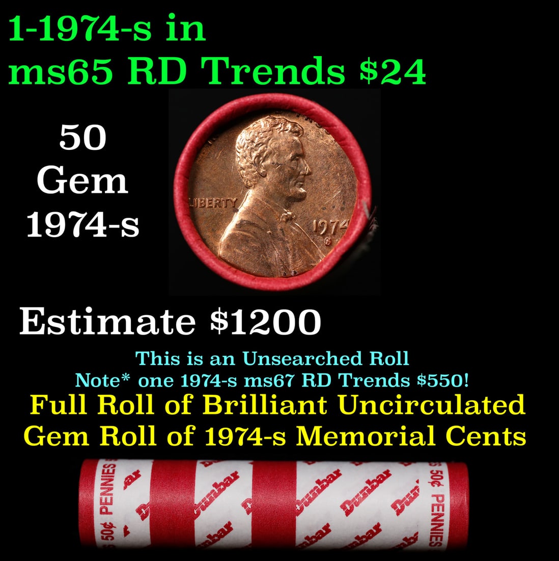 BU Shotgun Lincoln 1c roll, 1974-s 50 pcs Dunbar Wrapper 50c: BU Shotgun Lincoln 1c roll, 1974-s 50 pcs Dunbar Wrapper 50c. A terrific Shotgun roll of Lincoln cents in a Dunbar wrapper. Most if not all coins should be cherry red.