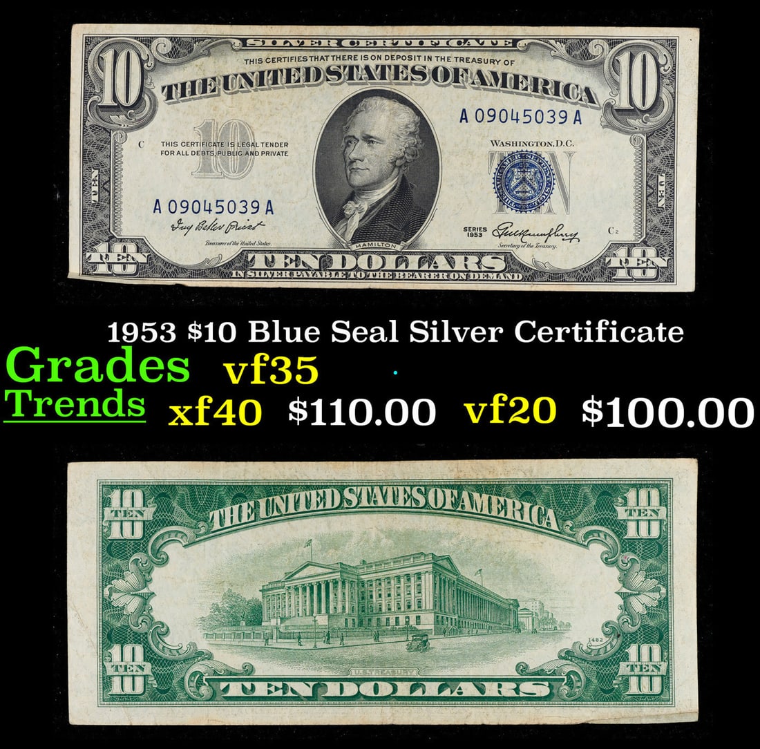 1953 $10 Blue Seal Silver Certificate Grades vf++ (1 of 3)