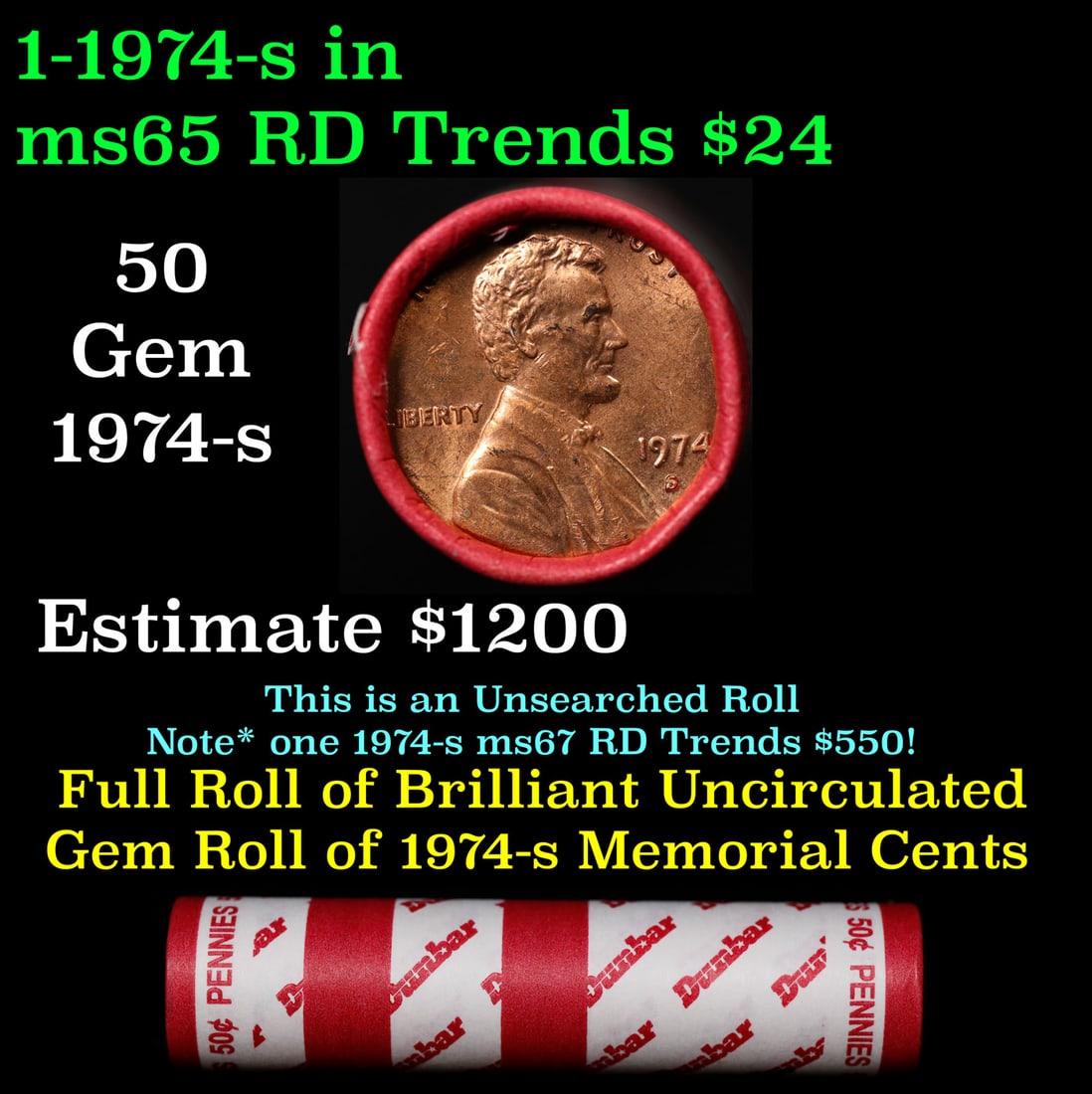 BU Shotgun Lincoln 1c roll, 1974-s 50 pcs Dunbar Wrapper 50c: BU Shotgun Lincoln 1c roll, 1974-s 50 pcs Dunbar Wrapper 50c. A terrific Shotgun roll of Lincoln cents in a Dunbar wrapper. Most if not all coins should be cherry red.