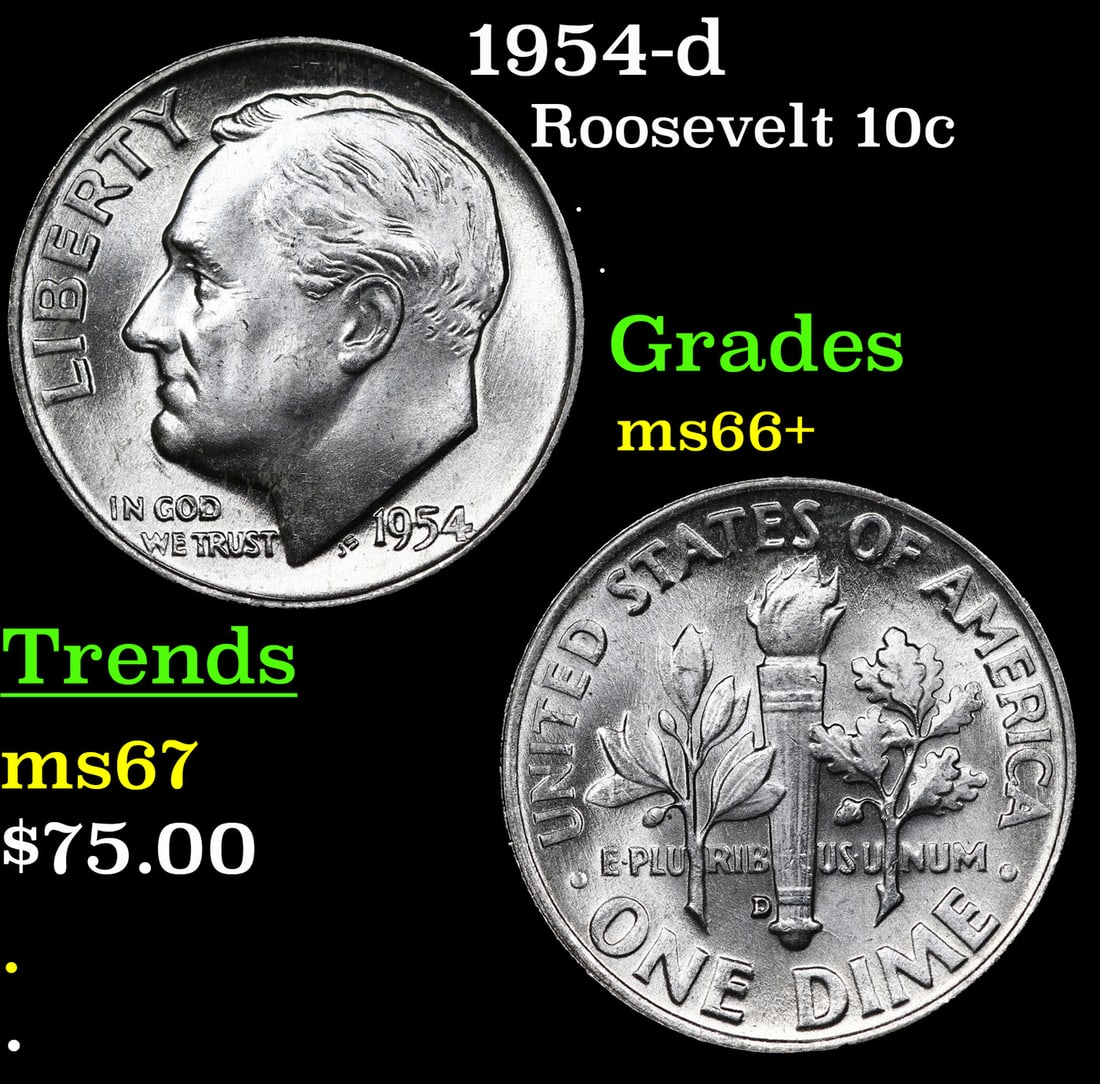 1954-d Roosevelt Dime 10c Grades GEM++ Unc (1 of 3)