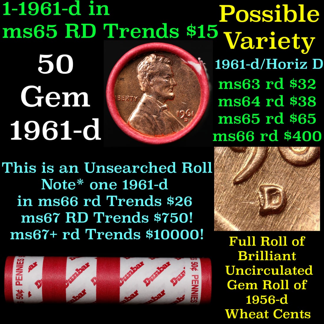 BU Shotgun Lincoln 1c roll, 1961-d 50 pcs Dunbar Wrapper 50c: BU Shotgun Lincoln 1c roll, 1961-d 50 pcs Dunbar Wrapper 50c. A terrific Shotgun roll of Lincoln cents in a Dunbar wrapper. Most if not all coins should be cherry red.