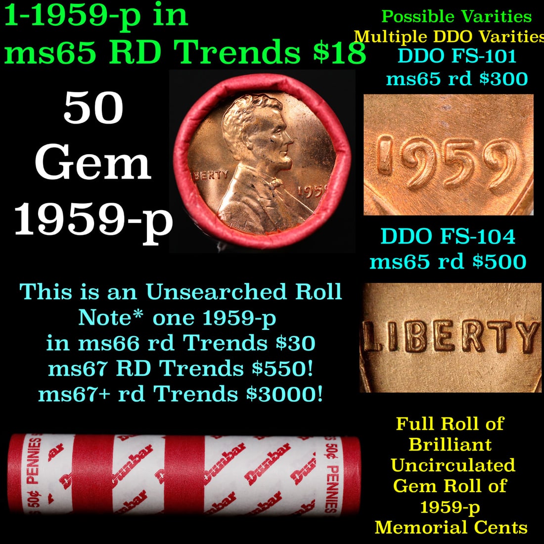 BU Shotgun Lincoln 1c roll, 1959-p 50 pcs Dunbar Wrapper 50c: BU Shotgun Lincoln 1c roll, 1959-p 50 pcs Dunbar Wrapper 50c. A terrific Shotgun roll of Lincoln cents in a Dunbar wrapper. Most if not all coins should be cherry red.