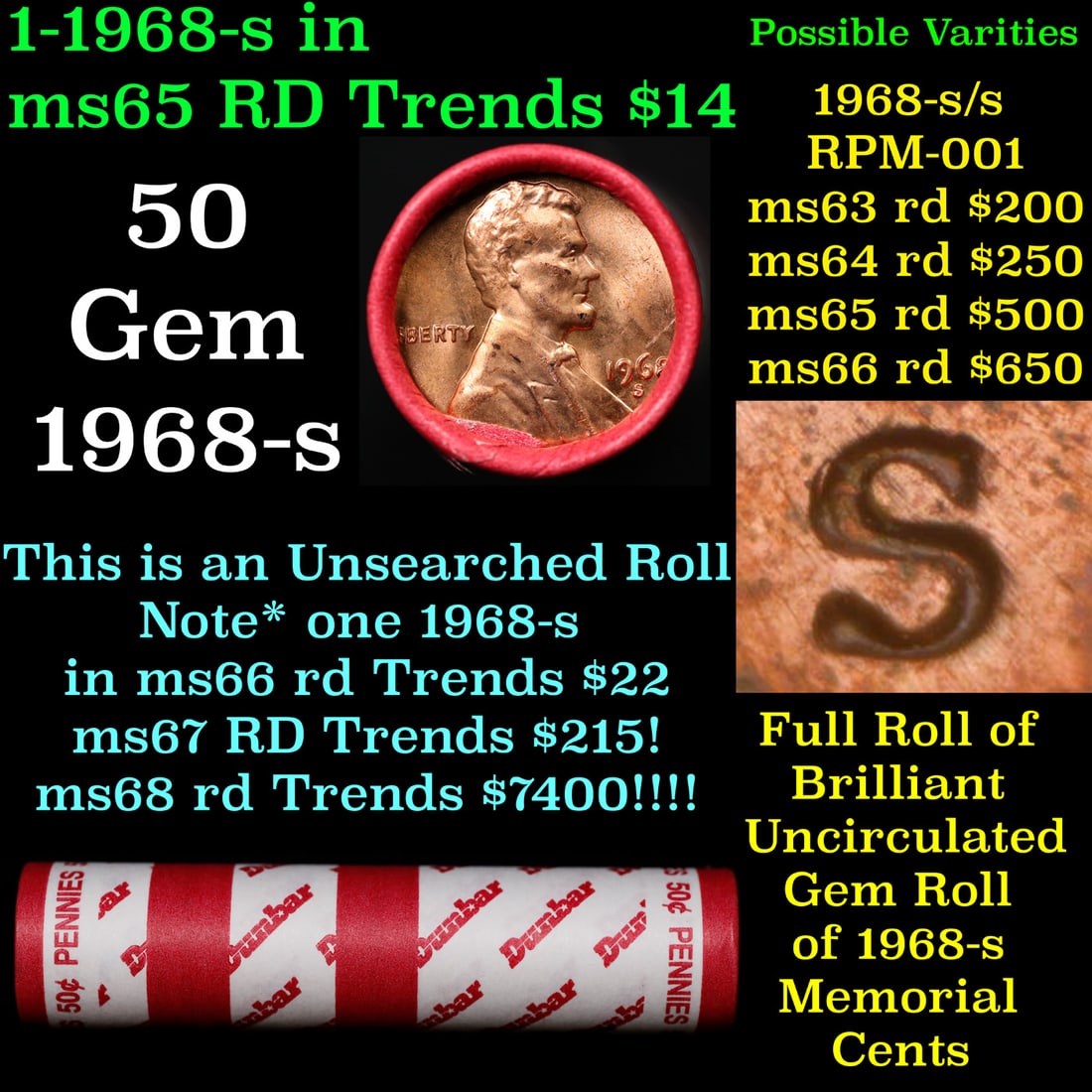 BU Shotgun Lincoln 1c roll, 1968-s 50 pcs Dunbar Wrapper 50c: BU Shotgun Lincoln 1c roll, 1968-s 50 pcs Dunbar Wrapper 50c. A terrific Shotgun roll of Lincoln cents in a Dunbar wrapper. Most if not all coins should be cherry red.