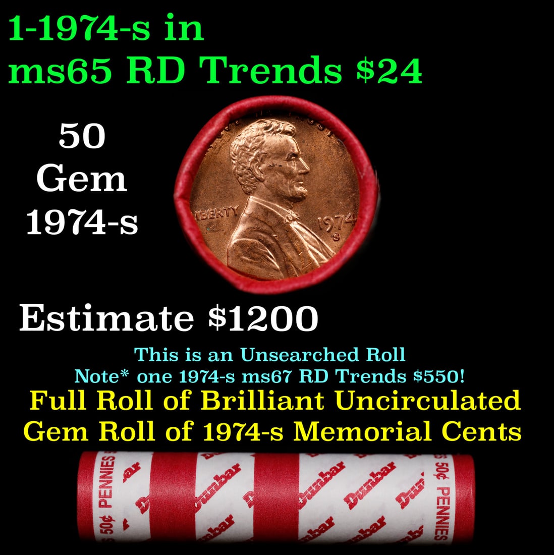 BU Shotgun Lincoln 1c roll, 1974-s 50 pcs Dunbar Wrapper 50c: BU Shotgun Lincoln 1c roll, 1974-s 50 pcs Dunbar Wrapper 50c. A terrific Shotgun roll of Lincoln cents in a Dunbar wrapper. Most if not all coins should be cherry red.