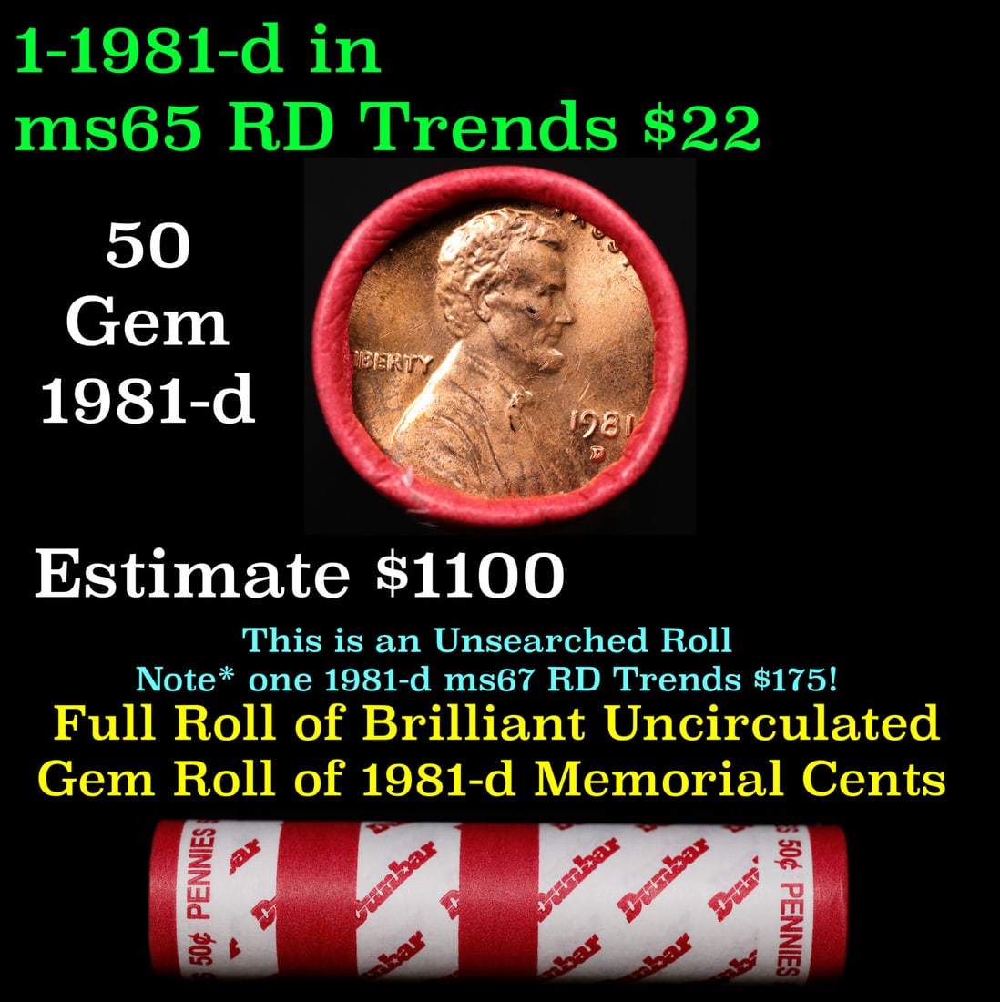 BU Shotgun Lincoln 1c roll, 1981-d 50 pcs Dunbar Wrapper 50c: BU Shotgun Lincoln 1c roll, 1981-d 50 pcs Dunbar Wrapper 50c. A terrific Shotgun roll of Lincoln cents in a Dunbar wrapper. Most if not all coins should be cherry red.