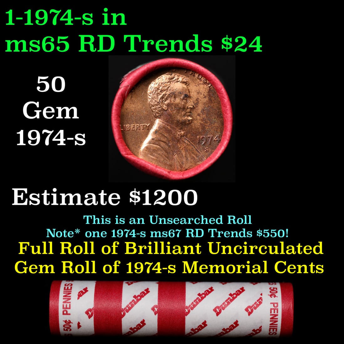 BU Shotgun Lincoln 1c roll, 1974-s 50 pcs Dunbar Wrapper 50c: BU Shotgun Lincoln 1c roll, 1974-s 50 pcs Dunbar Wrapper 50c. A terrific Shotgun roll of Lincoln cents in a Dunbar wrapper. Most if not all coins should be cherry red.