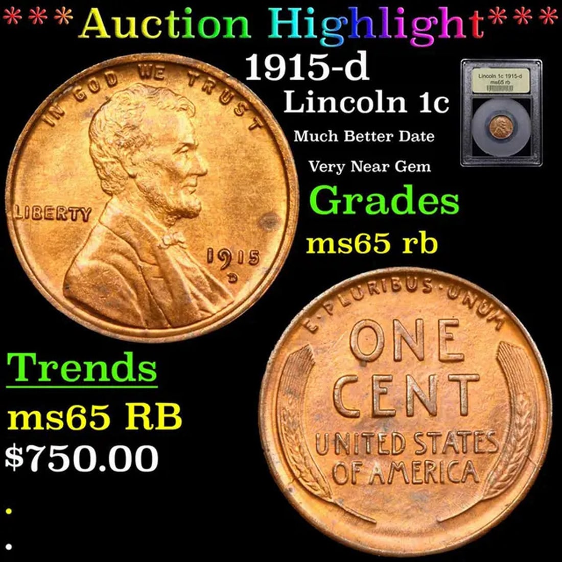 ***Auction Highlight*** 1915-d Lincoln Cent 1c Graded GEM Unc RB By USCG (fc) (1 of 5)