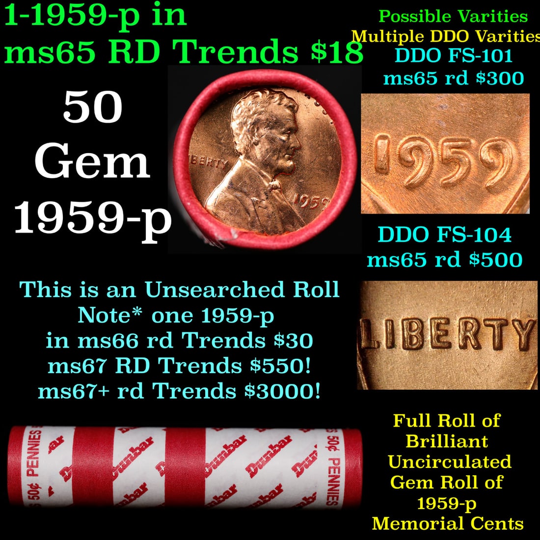BU Shotgun Lincoln 1c roll, 1959-p 50 pcs Dunbar Wrapper 50c: BU Shotgun Lincoln 1c roll, 1959-p 50 pcs Dunbar Wrapper 50c. A terrific Shotgun roll of Lincoln cents in a Dunbar wrapper. Most if not all coins should be cherry red.