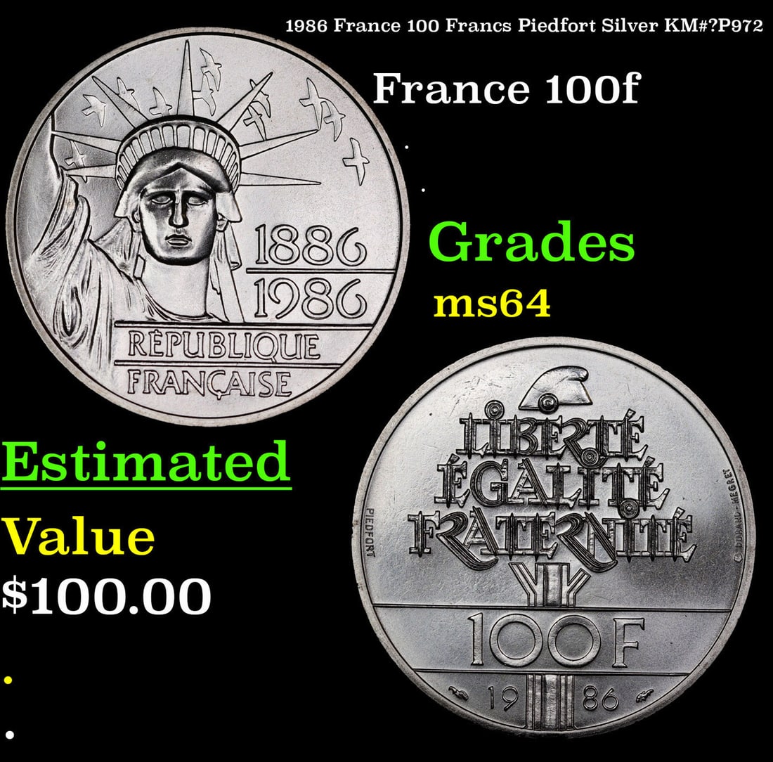 1986 France 100 Francs Piedfort Silver KM#?P972 Grades Choice Unc: 1986 France 100 Francs Piedfort Silver KM#?P972 Grades Choice Unc.