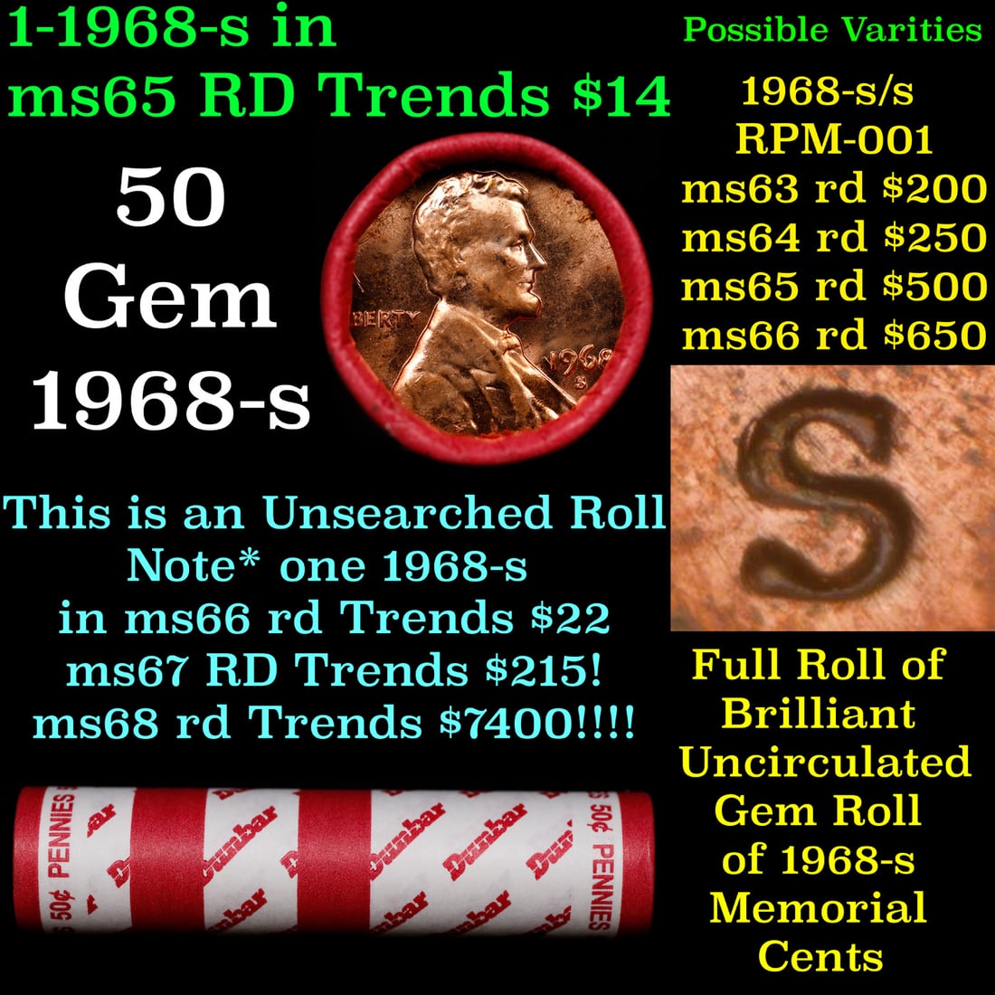 BU Shotgun Lincoln 1c roll, 1968-s 50 pcs Dunbar Wrapper 50c: BU Shotgun Lincoln 1c roll, 1968-s 50 pcs Dunbar Wrapper 50c. A terrific Shotgun roll of Lincoln cents in a Dunbar wrapper. Most if not all coins should be cherry red.