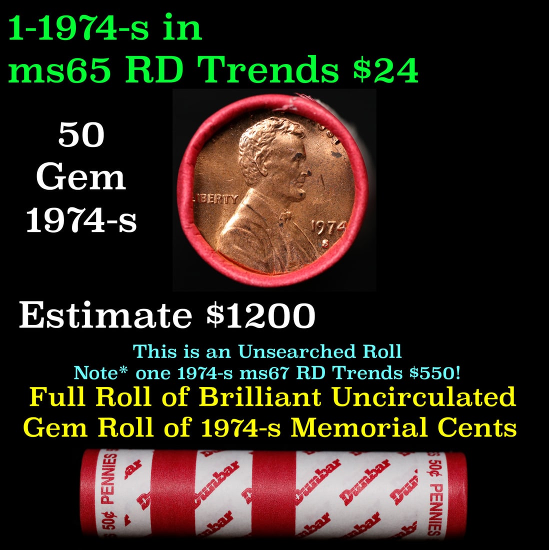 BU Shotgun Lincoln 1c roll, 1974-s 50 pcs Dunbar Wrapper 50c: BU Shotgun Lincoln 1c roll, 1974-s 50 pcs Dunbar Wrapper 50c. A terrific Shotgun roll of Lincoln cents in a Dunbar wrapper. Most if not all coins should be cherry red.