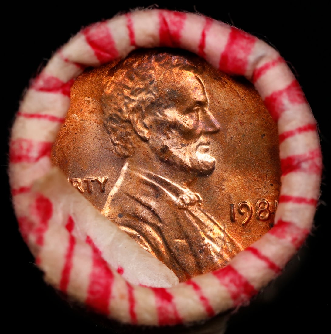 BU Shotgun Lincoln 1c roll, 1981-p 50 pcs Bank Wrapper 50c: BU Shotgun Lincoln 1c roll, 1981-p 50 pcs Bank Wrapper 50c. A terrific Shotgun roll of Lincoln cents in a Bank wrapper. Most if not all coins should be cherry red.