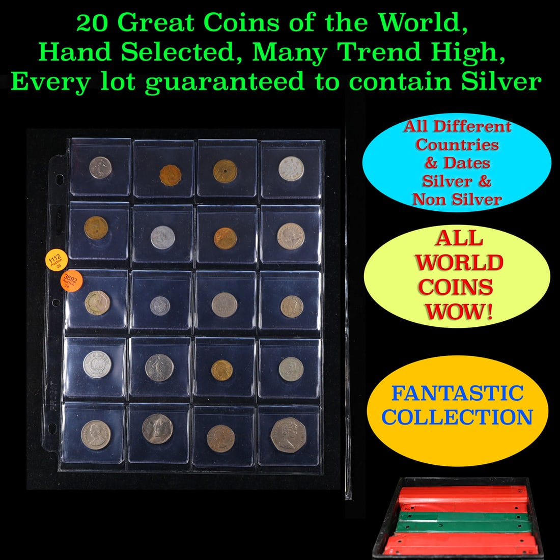 20 Great Coins of the World, hand selected, many trend high, every lot guaranteed to contain Silver.: 20 Great Coins of the World, hand selected, many trend high, every lot guaranteed to contain Silver.. We have received a huge collection of over 10 thousand US coins in flips, 2x2 holders, and 20 coin