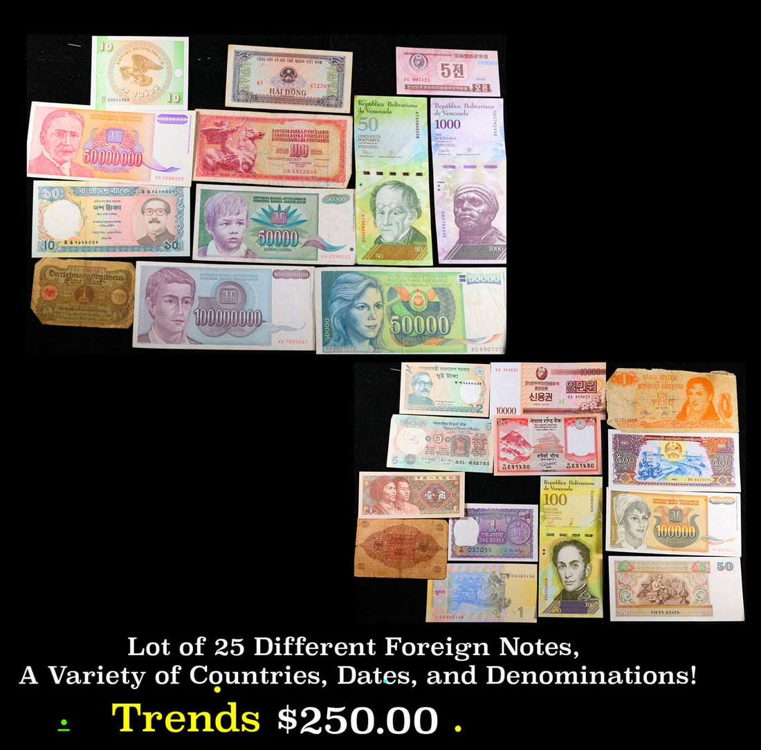 Lot of 25 Different Foreign Notes, A Variety of Countries, Dates, and Denominations! (1 of 5)