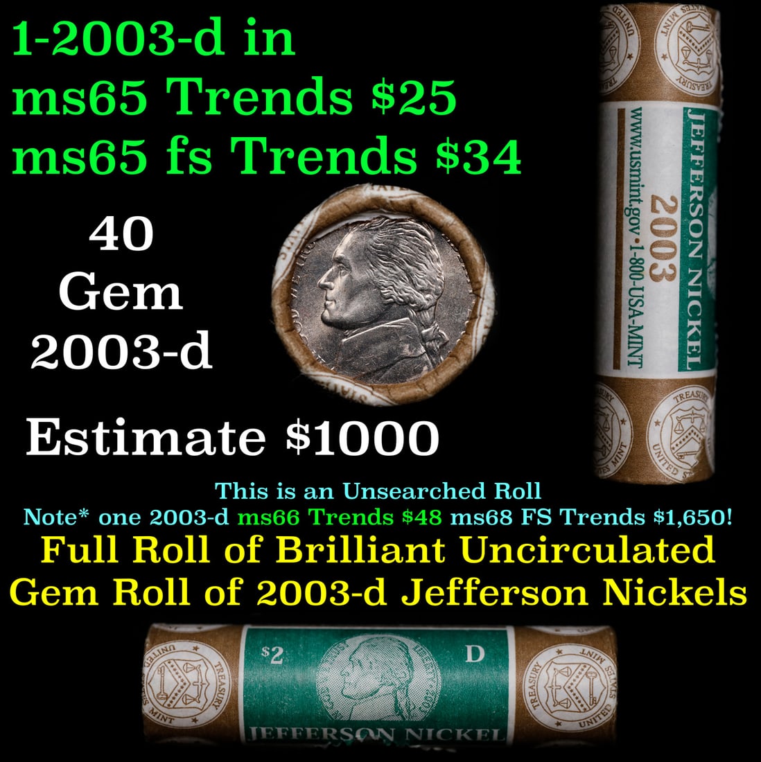 BU Shotgun Jefferson 5c roll, 2003-d 40 pcs Bank $2 Nickel Wrapper: BU Shotgun Jefferson 5c roll, 2003-d 40 pcs Bank $2 Nickel Wrapper.