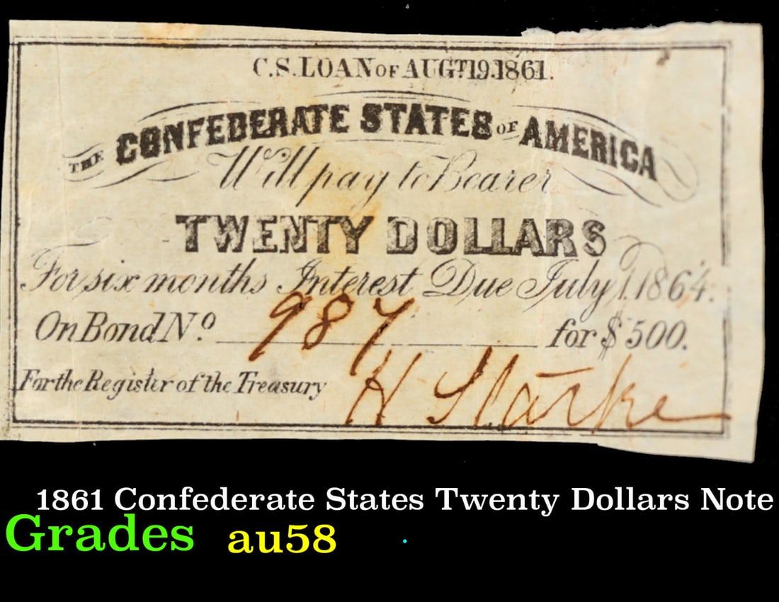 1861 Confederate States Twenty Dollars Note Grades Choice AU/BU Slider (1 of 3)